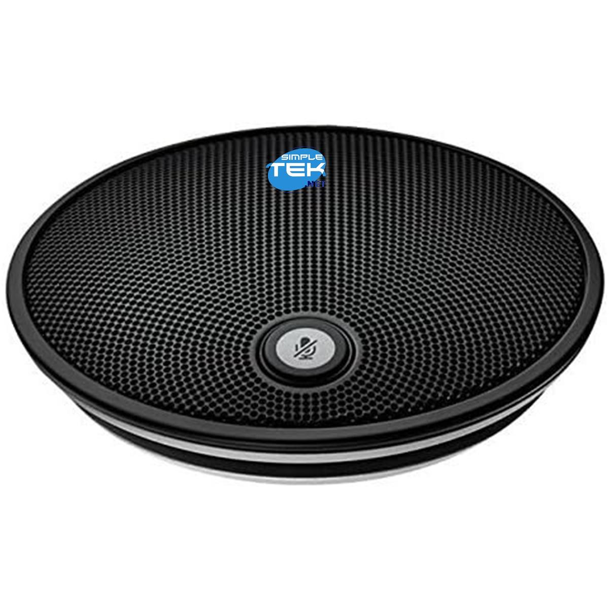 Un altavoz circular negro con una parte superior de malla y un anillo plateado. Un botón de micrófono está en el centro. Un logotipo está en la parte superior.