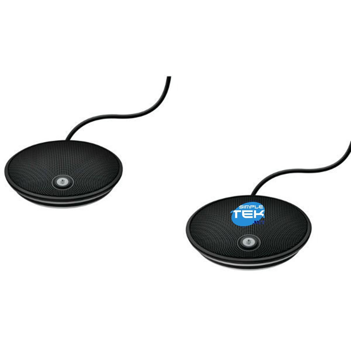 Dos altavoces redondos negros con cables negros adjuntos. Uno tiene el logotipo de Simple Tek. Ambos están sobre un fondo blanco.