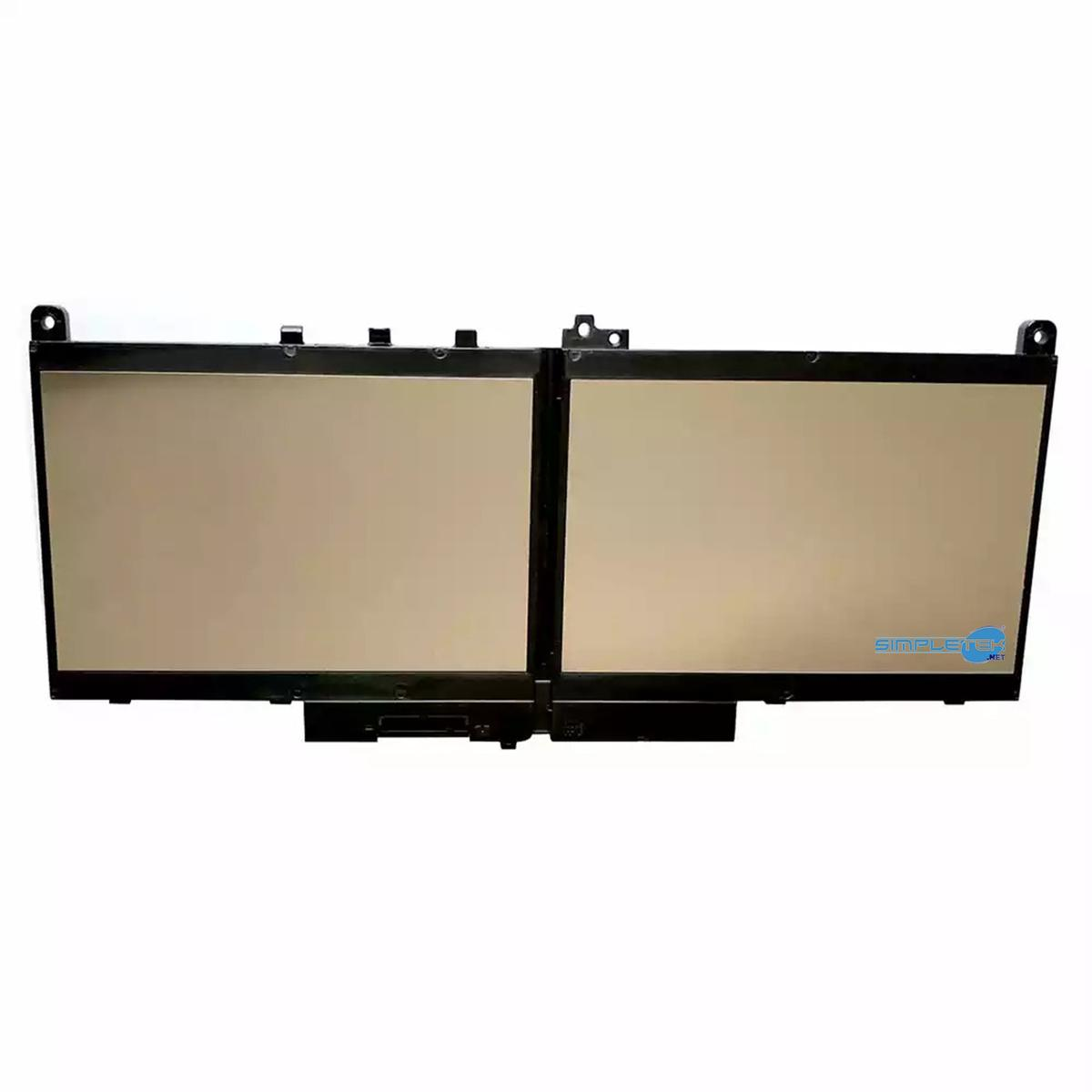Un pacco batteria per laptop. Ha due schermi beige, cornici nere e una base nera. Lo sfondo è bianco.