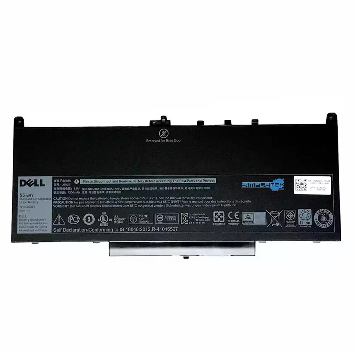 Una batteria nera per laptop con testo bianco, incluso il logo Dell, avvertenze e specifiche tecniche.