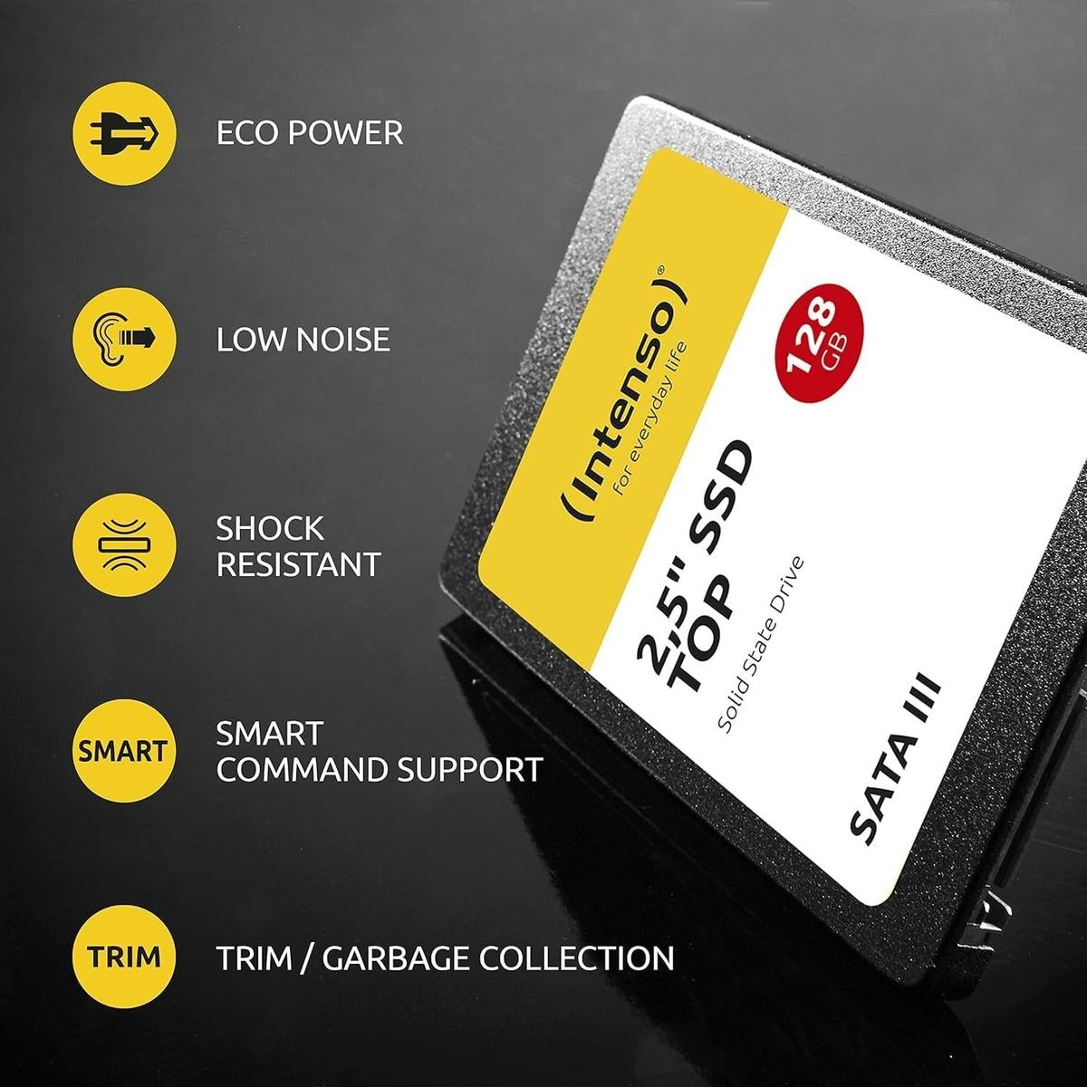 SSD avec étiquette jaune, 128 Go, SATA III. Icônes : Eco Power, Faible bruit, Résistant aux chocs, Support de commande intelligent, Trim.