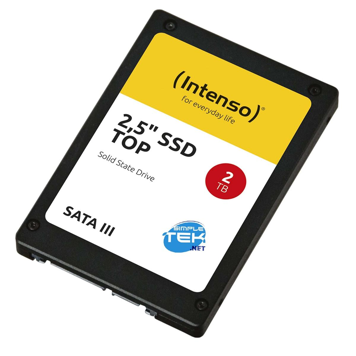 Un SSD noir 2,5" d'Intenso, avec du texte indiquant une capacité de 2 To et une interface SATA III. Inclut le logo Simple Tek.