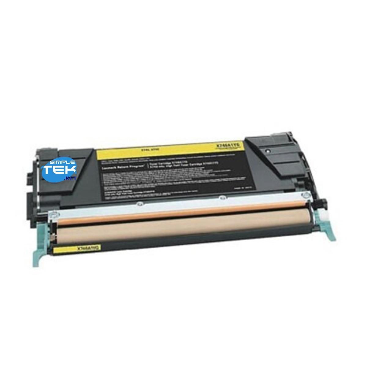 Una nuova cartuccia toner gialla per una stampante, con elementi neri e beige, dettagli dell'etichetta visibili. Lo sfondo è bianco.
