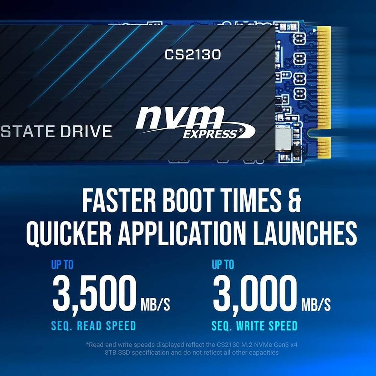 Un SSD con testo 'CS2130', 'nvm express' e indicatori di velocità fino a 3.500 MB/s in lettura e 3.000 MB/s in scrittura, promuovendo tempi di avvio più rapidi.