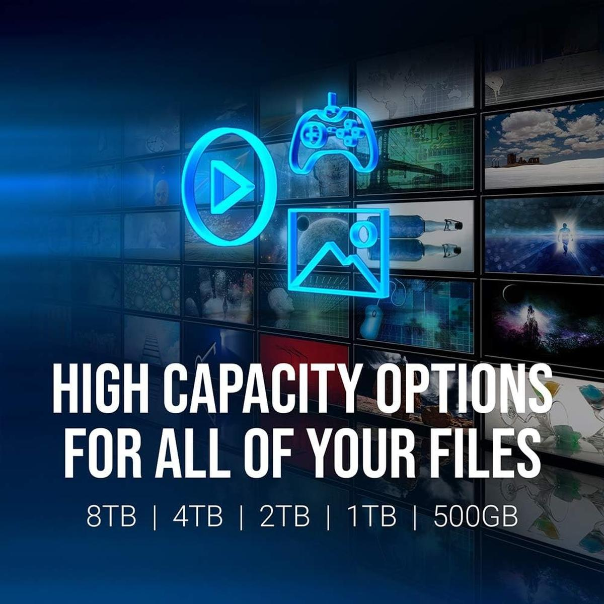 Icone blu di riproduzione, controller e immagine. Testo: OPZIONI AD ALTA CAPACITÀ PER TUTTI I TUOI FILE. Opzioni di capacità elencate.