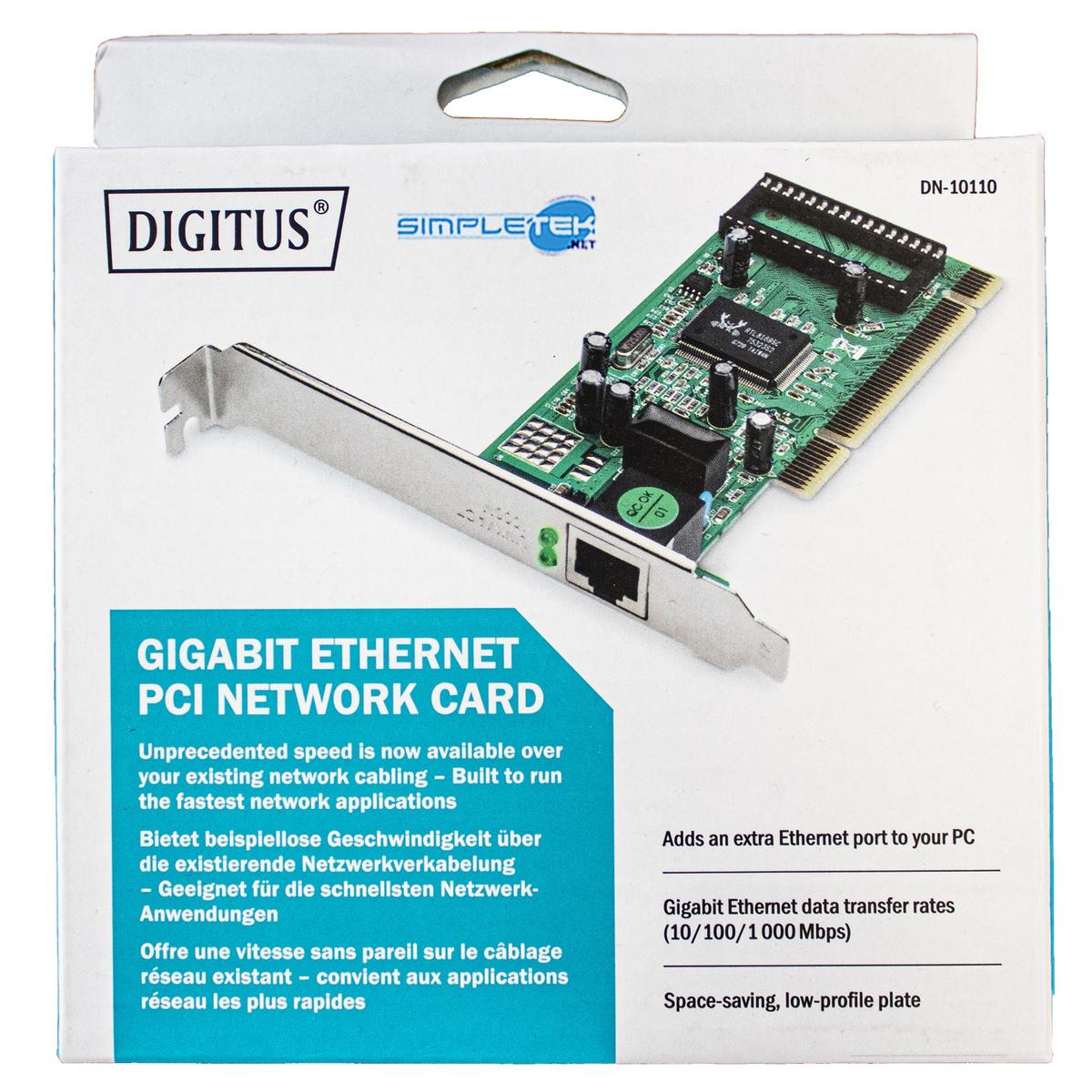 Una scheda di rete PCI Gigabit Ethernet Digitus nella sua scatola. La scheda è verde con componenti neri. Il testo sulla scatola menziona le sue caratteristiche.