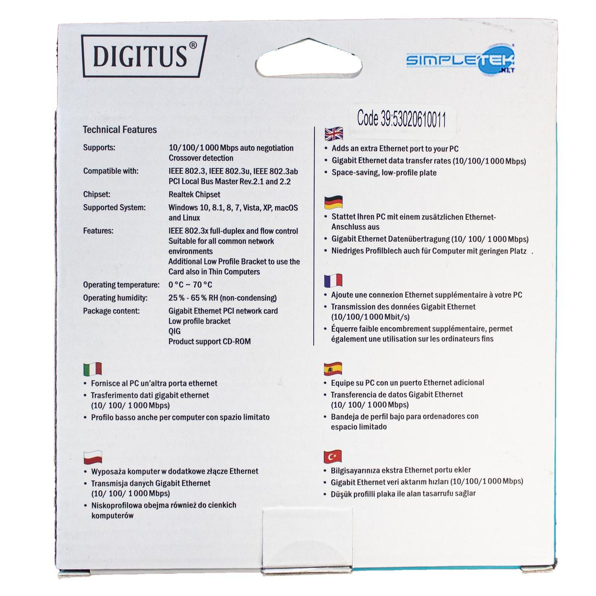 Scatola bianca con specifiche tecniche, tra cui porta Ethernet e velocità di trasferimento dati. Testo multilingue.