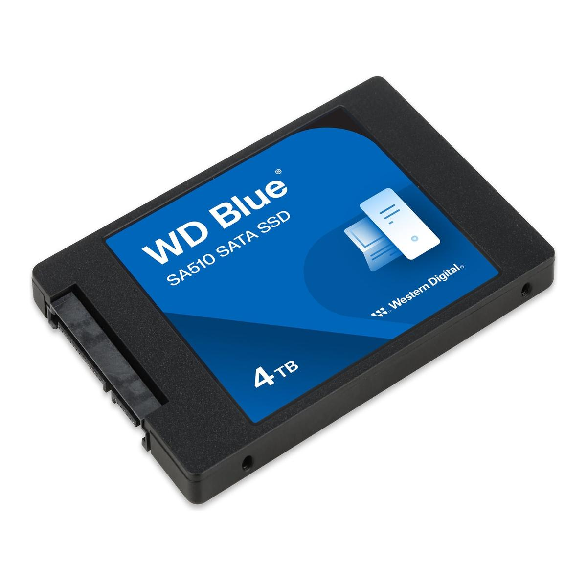 Dysk SSD SATA WD Blue 4TB. Czarny prostokąt z niebieskim środkiem. Biały tekst: WD Blue, SA510, 4TB, logo Western Digital.