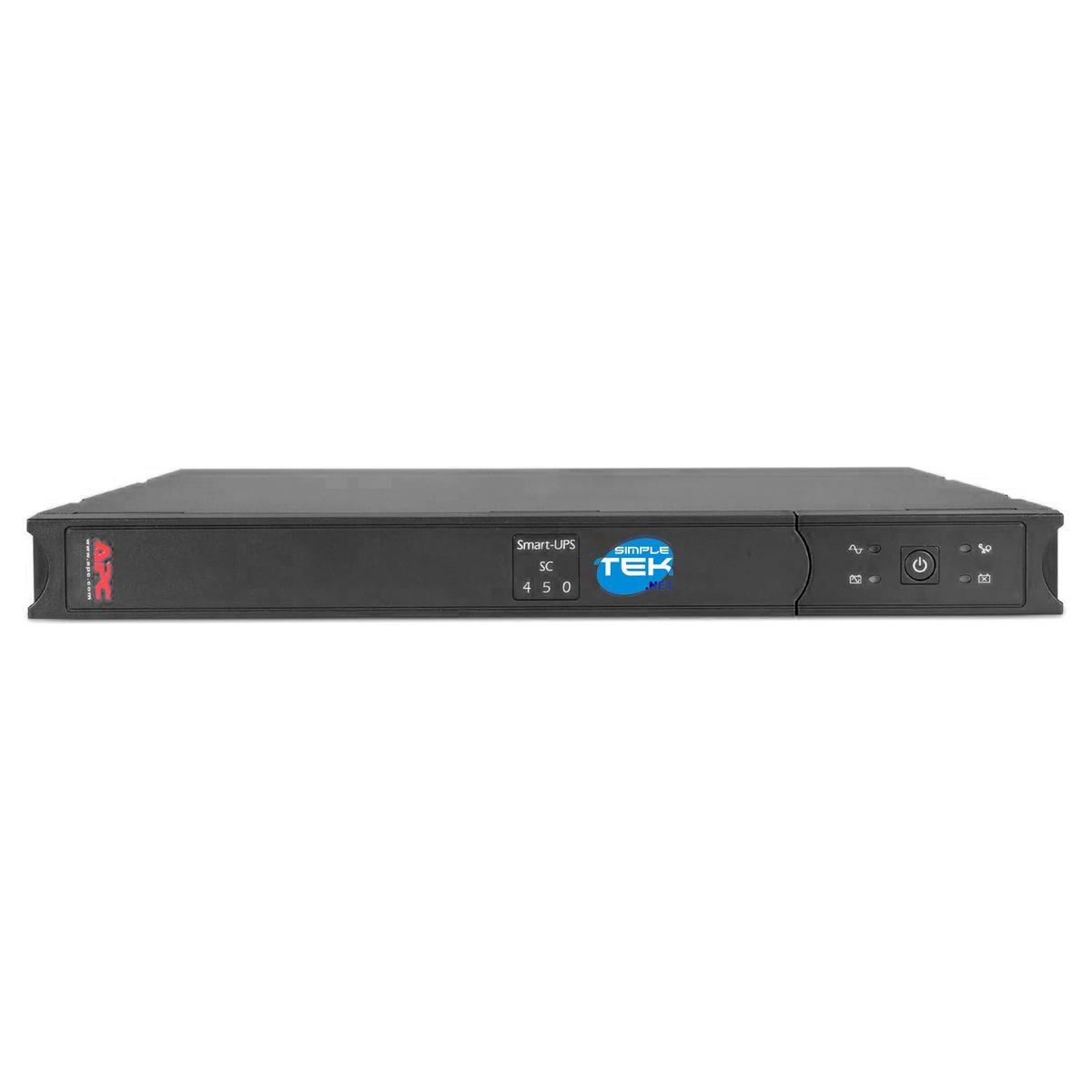 Un dispositivo APC Smart-UPS negro. Tiene un logotipo de Simple Tek y varios botones e indicadores.