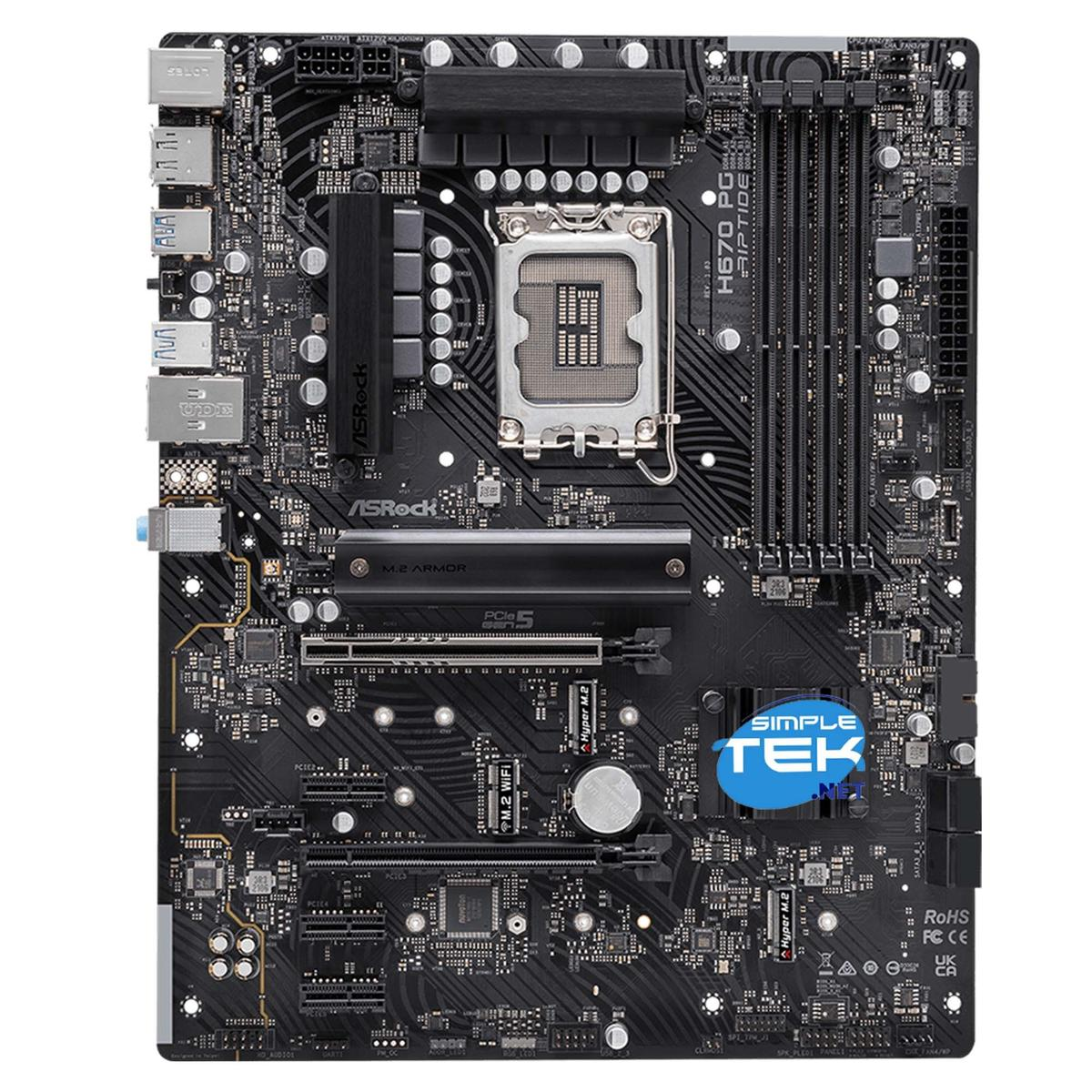 Scheda madre per computer nera con vari componenti, tra cui slot, connettori e socket per processore centrale.