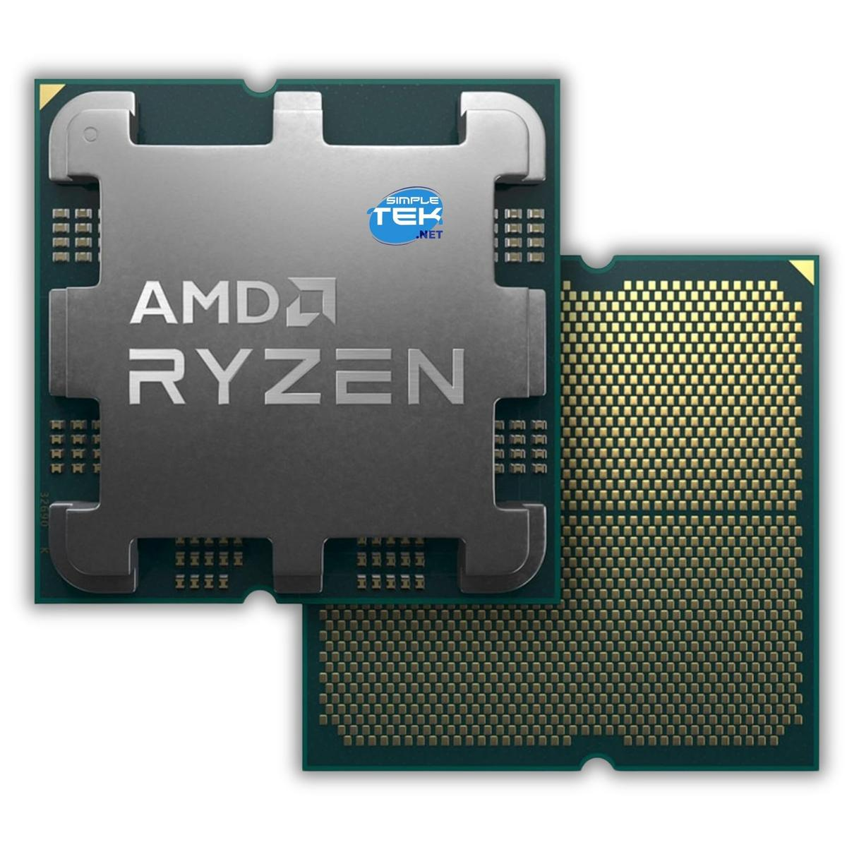 Procesor AMD Ryzen. Srebrny wierzch z logo, zielona ramka i małe złote styki. Jeden odłączony, pokazujący złote piny.