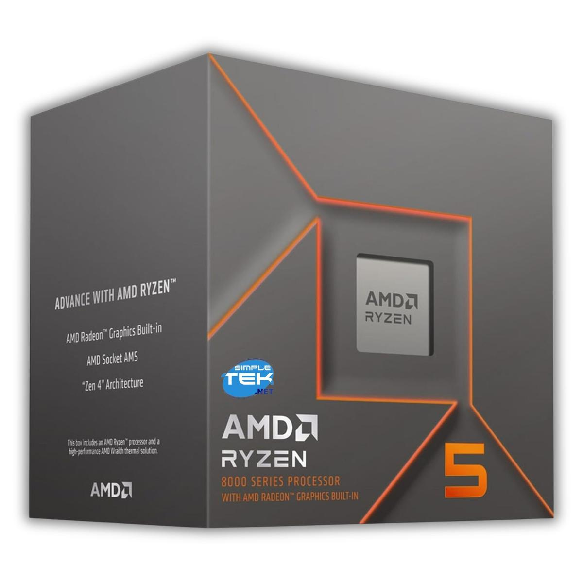 Pudełko procesora AMD Ryzen 5. Posiada markę AMD Ryzen i grafikę Radeon. Pomarańczowe akcenty i szare tło.