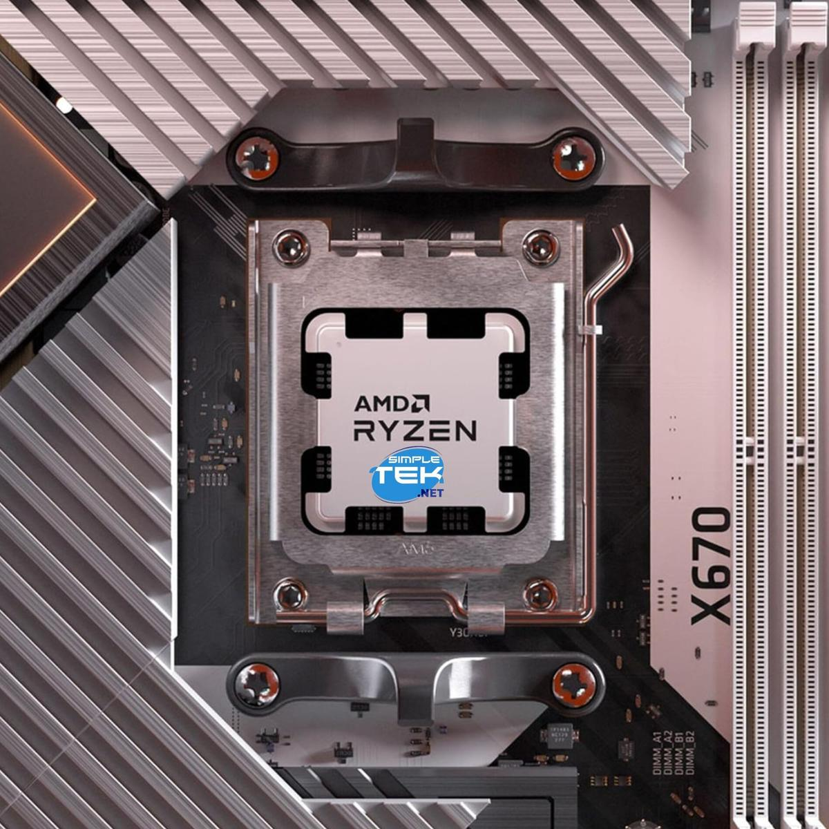Zbliżenie płyty głównej komputera z procesorem AMD Ryzen. Widoczny model X670, gniazda RAM i elementy montażowe.