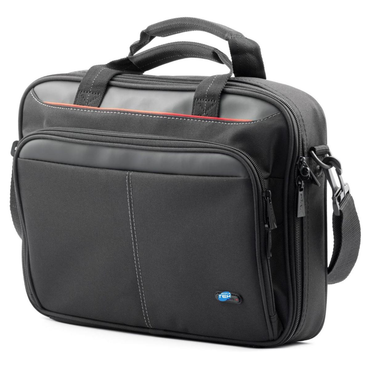Una borsa nera per laptop con manico e tracolla. Ha una tasca frontale, cerniere e una linea di accento rossa.