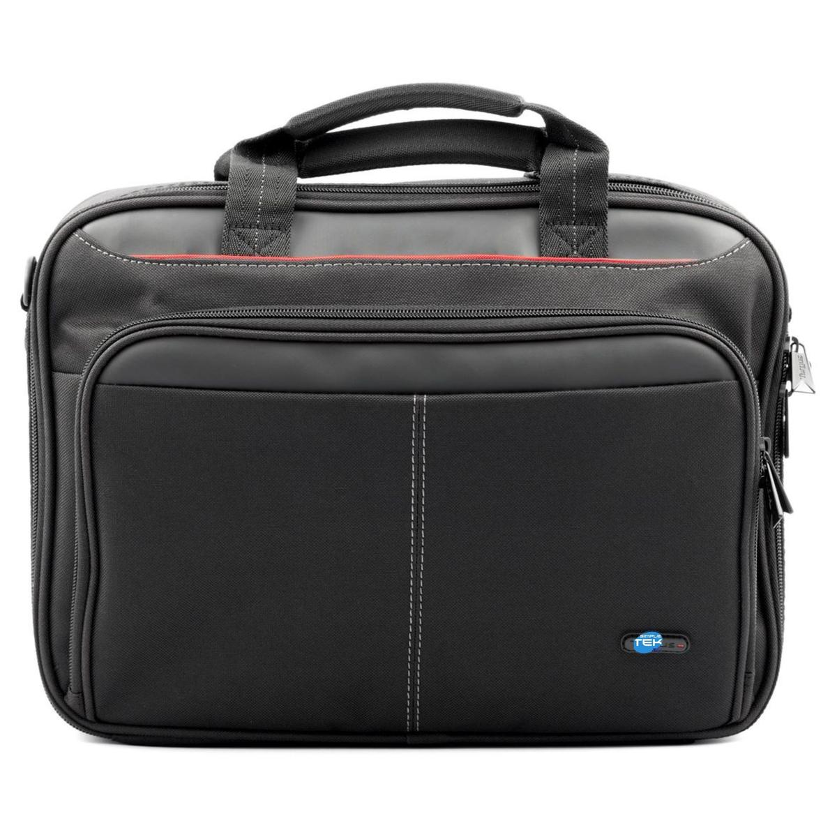 Borsa nera per laptop con manico, cuciture bianche e una striscia rossa. La borsa ha una tasca frontale, una cerniera e un logo.