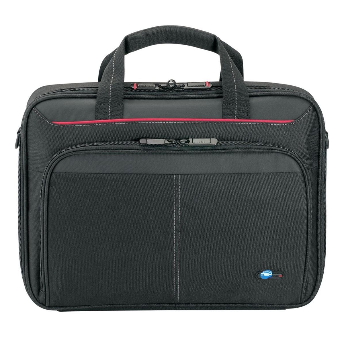 Borsa per laptop nera con finiture rosse e manici. Ha una tasca frontale e una chiusura a zip. Il marchio è in basso a destra.