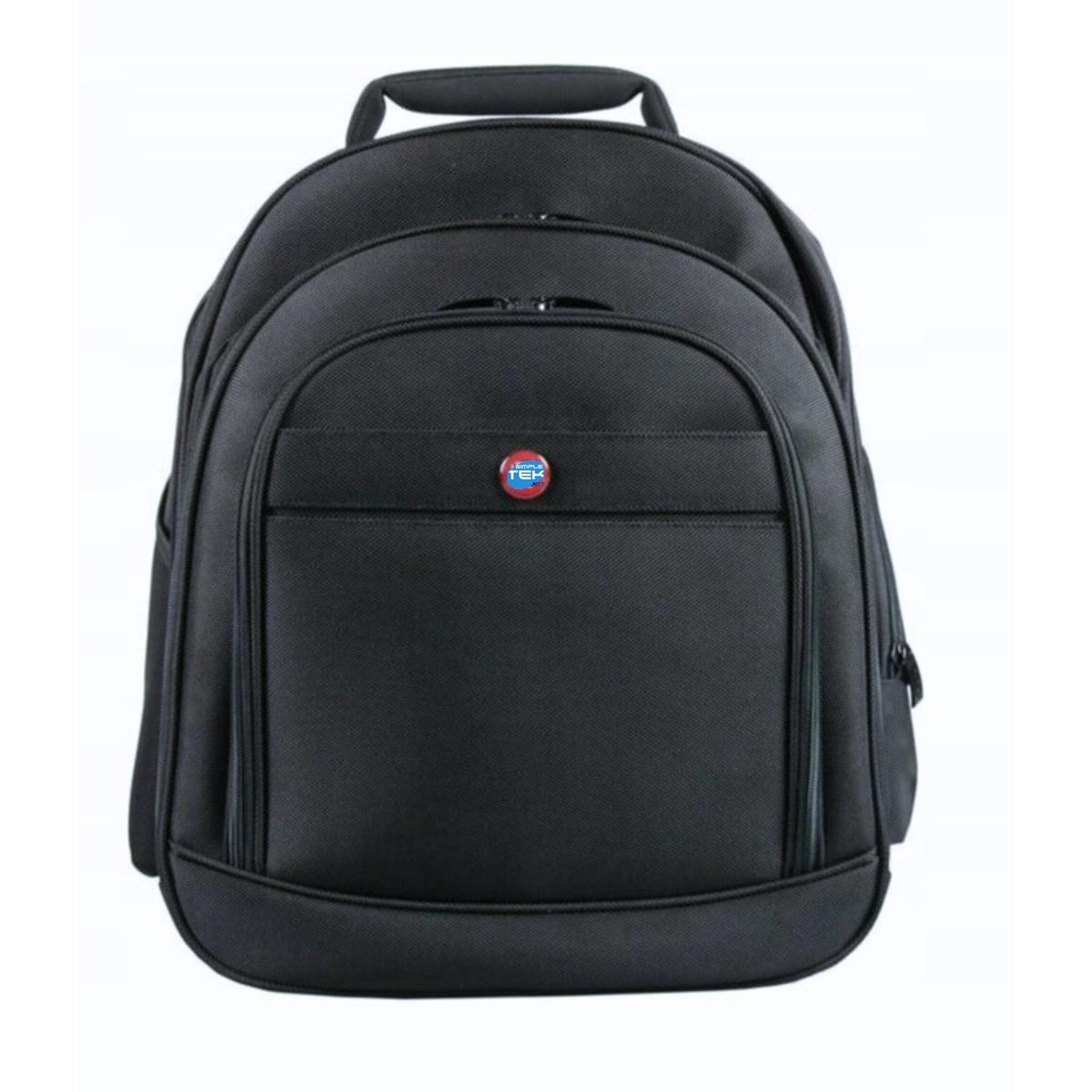 Uno zaino nero con maniglia superiore. Ha una tasca frontale con un logo circolare rosso, blu e bianco con la scritta TEK.