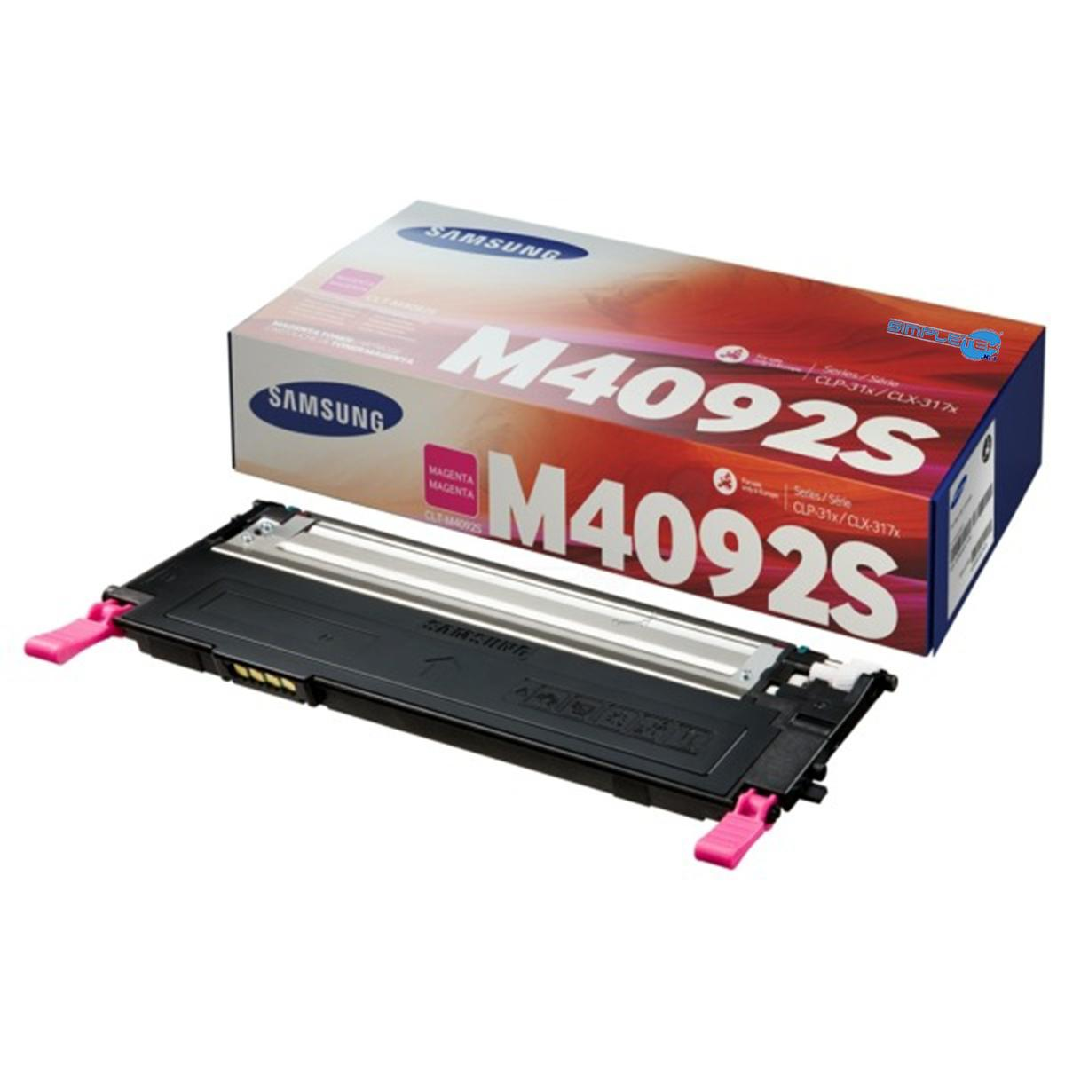 Una cartuccia toner magenta Samsung M4092S e la sua scatola. La scatola è magenta e bianca. La cartuccia è nera con maniglie rosa.