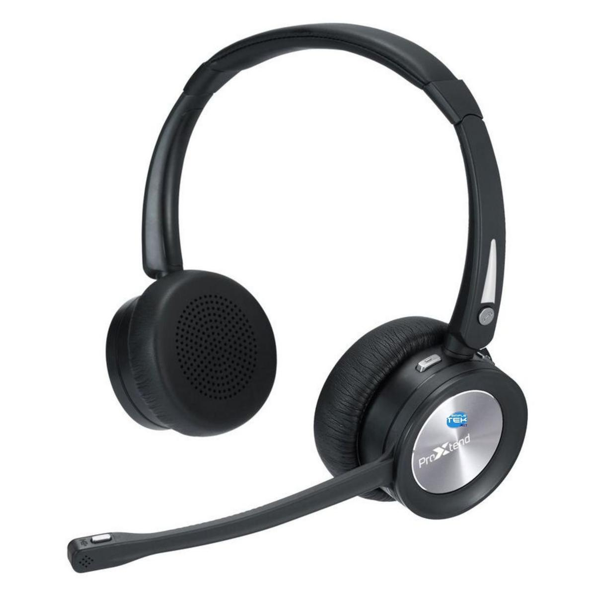 Cuffie ProXtend nere con microfono. Le cuffie hanno un disco argentato sul padiglione auricolare e una fascia imbottita.