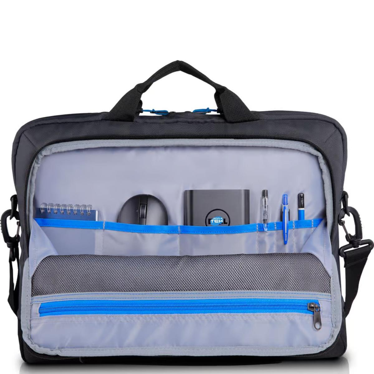 Borsa per laptop nera aperta, mostra un taccuino, mouse, power bank, penne e tasche con dettagli blu.