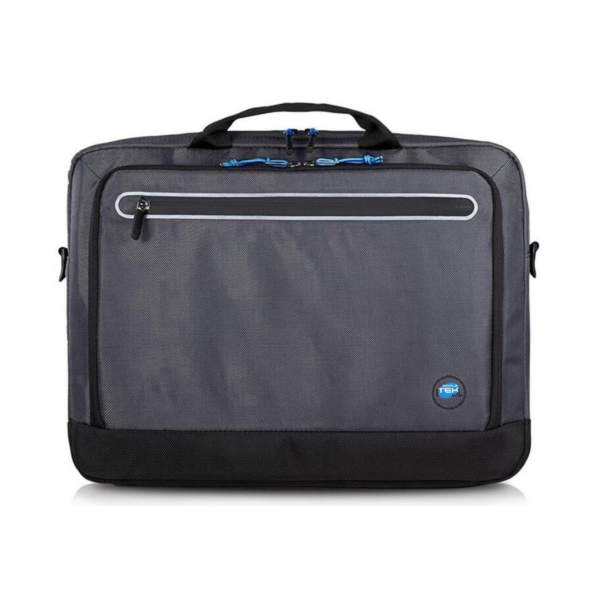 Una borsa grigia per laptop con dettagli neri, un manico e una tasca frontale. La borsa ha una striscia bianca e cerniere blu.
