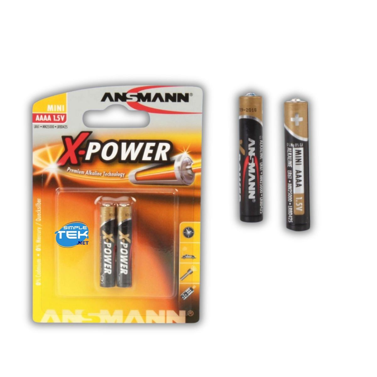 Opakowanie baterii ANSMANN X-POWER, z dwiema luźnymi bateriami. Żółte i czarne opakowanie. Widoczne szczegóły produktu.