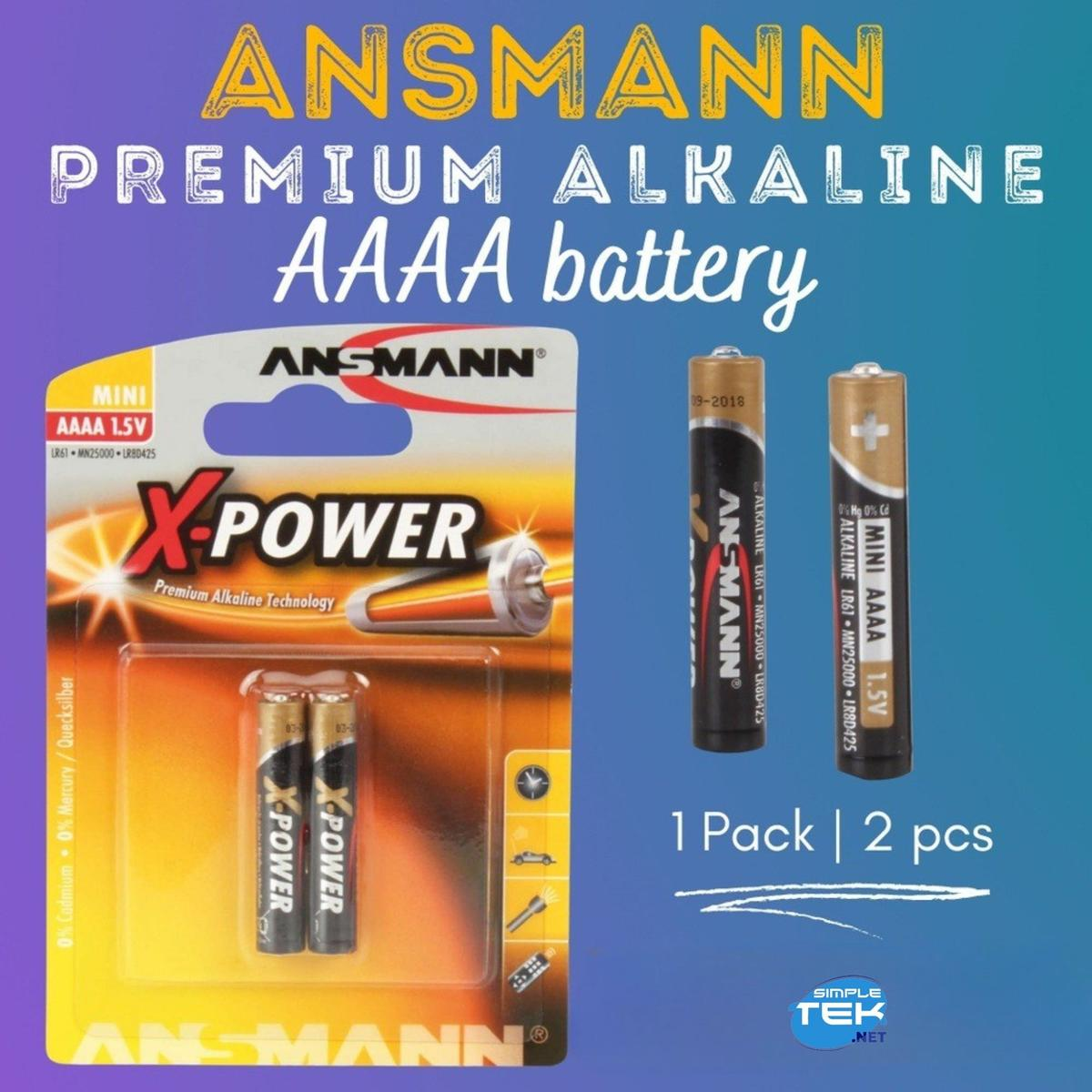 Zdjęcie przedstawia baterie ANSMANN AAAA. Opakowanie przedstawia dwie baterie i dwie luźne. Tekst brzmi 'Premium Alkaline AAAA battery'.