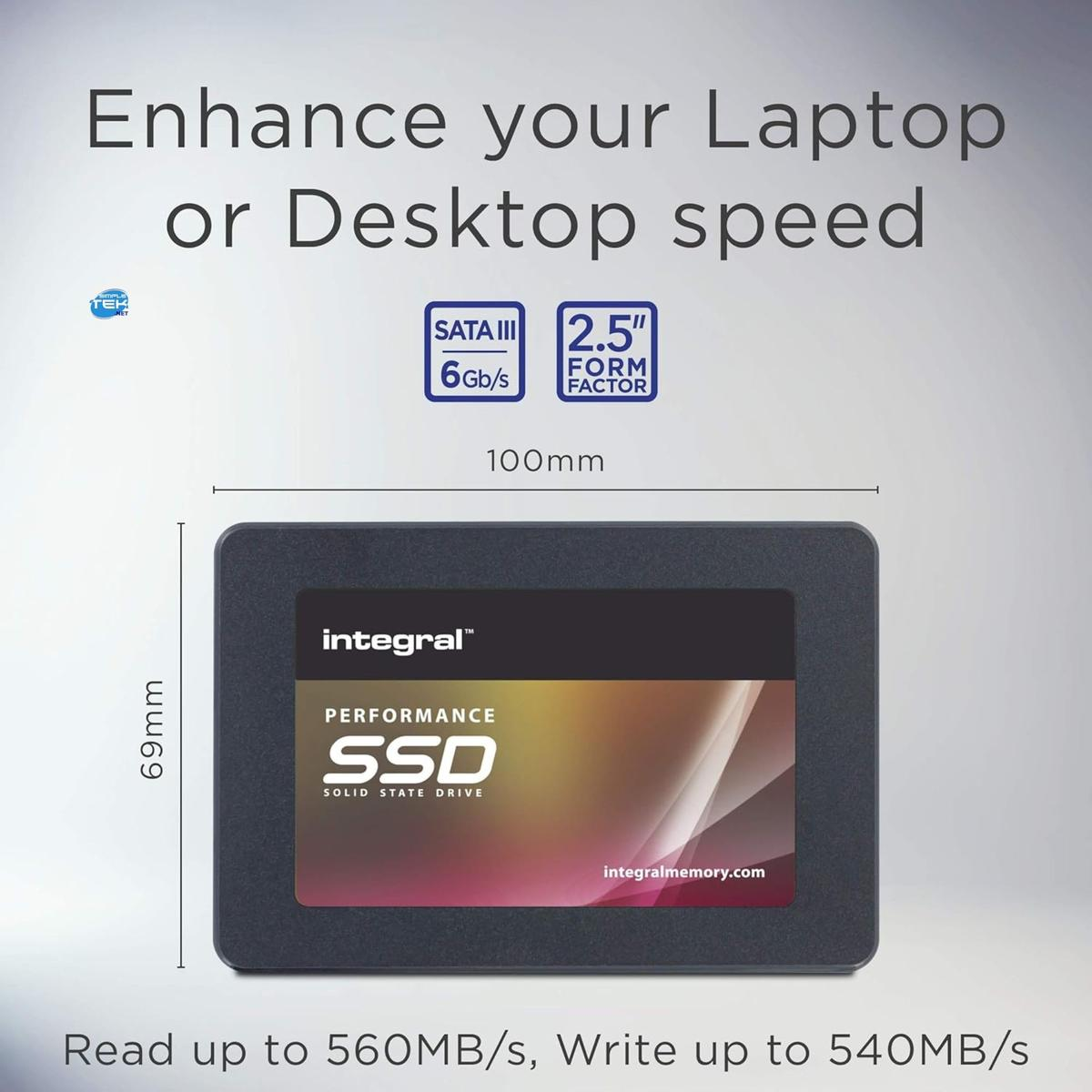 Un'unità SSD con specifiche, che mostra le dimensioni e le velocità di lettura/scrittura. Il testo dice 'Migliora la velocità del tuo laptop o desktop'.