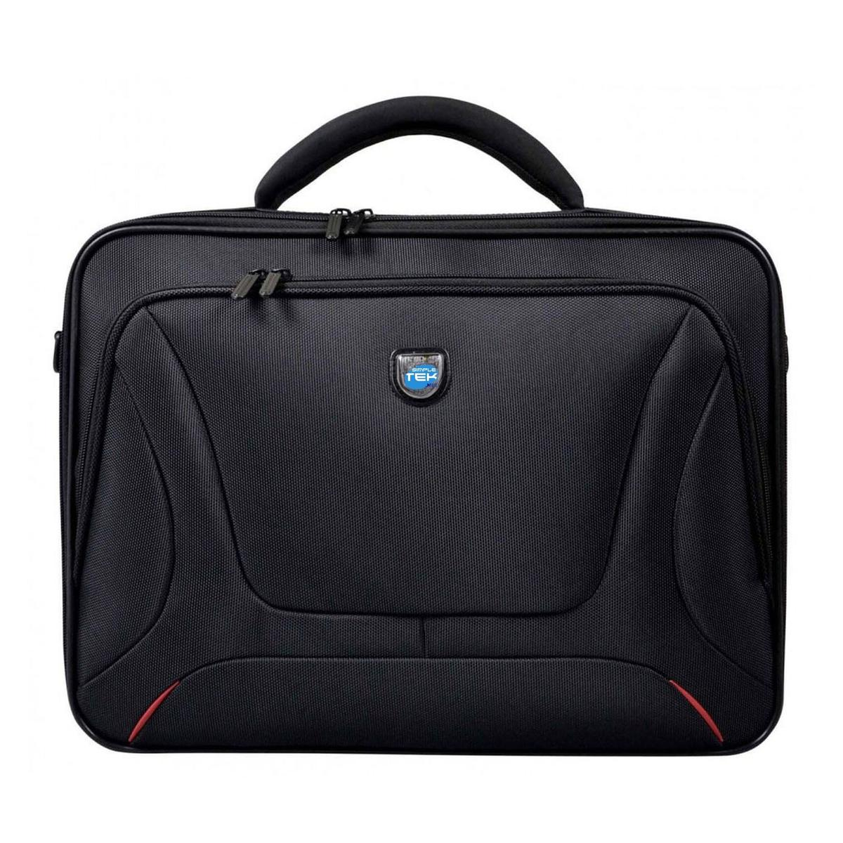 Borsa per laptop nera con manico, cerniere e logo. Accenti rossi sugli angoli inferiori. La borsa è rettangolare.