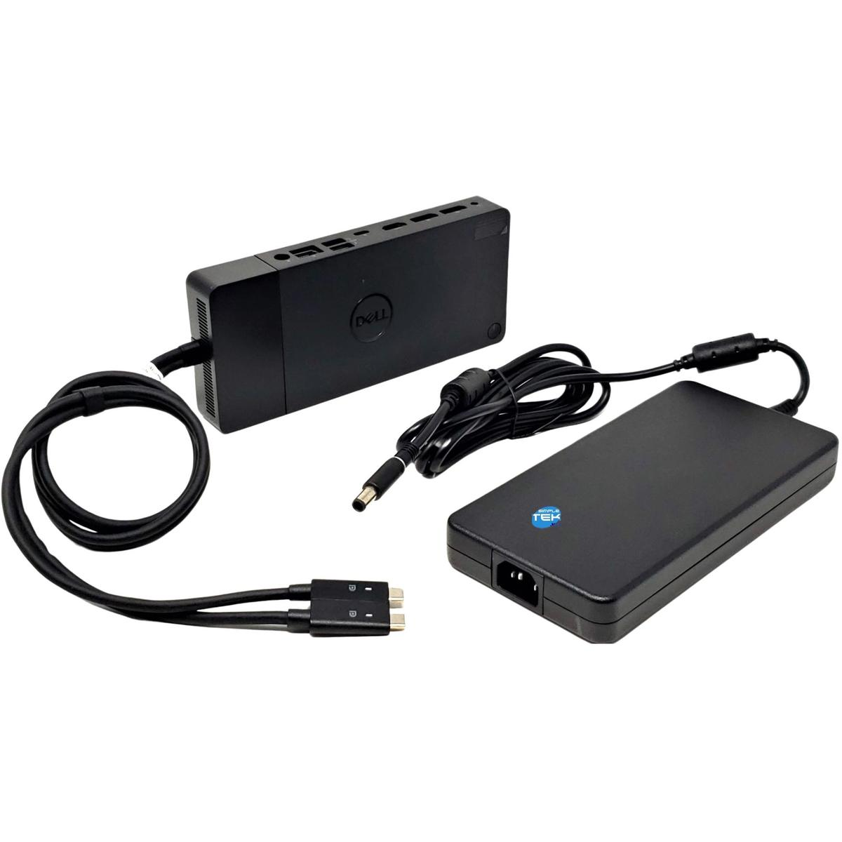 Stazione di docking Dell nera, adattatore di alimentazione e cavi su sfondo bianco. Include un adattatore TEK e un cavo USB-C.