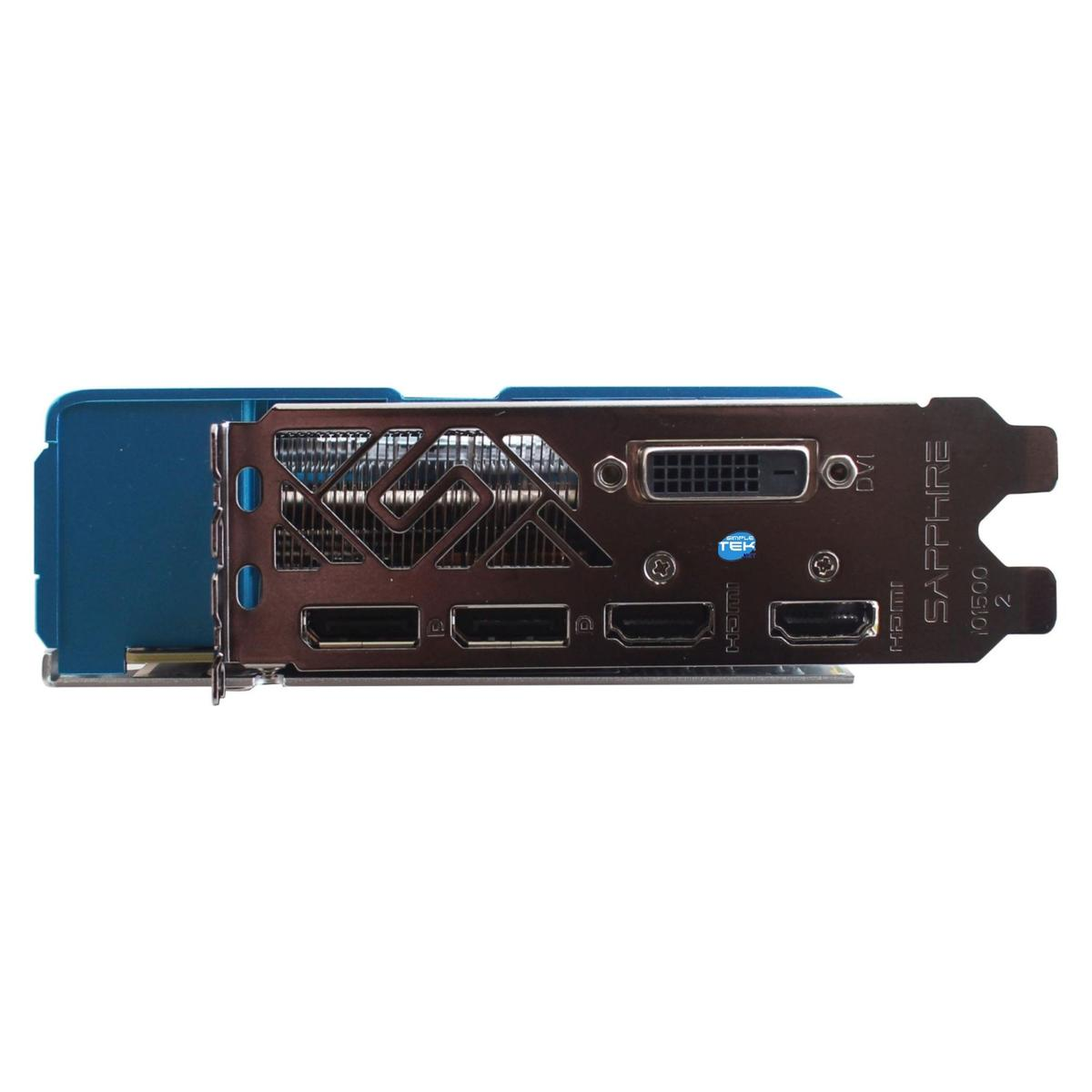 Una scheda grafica Sapphire blu e nera. Ha diverse porte, tra cui HDMI, e una porta DVI. Il marchio è visibile.