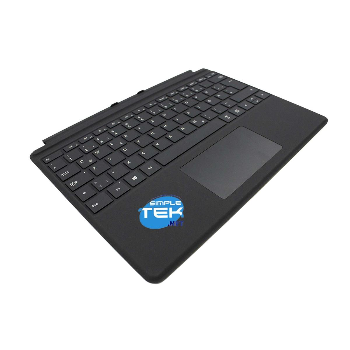 Schwarze Tastatur mit Tasten und einem Touchpad. Das SIMPLE TEK-Logo befindet sich unten. Weißer Hintergrund.