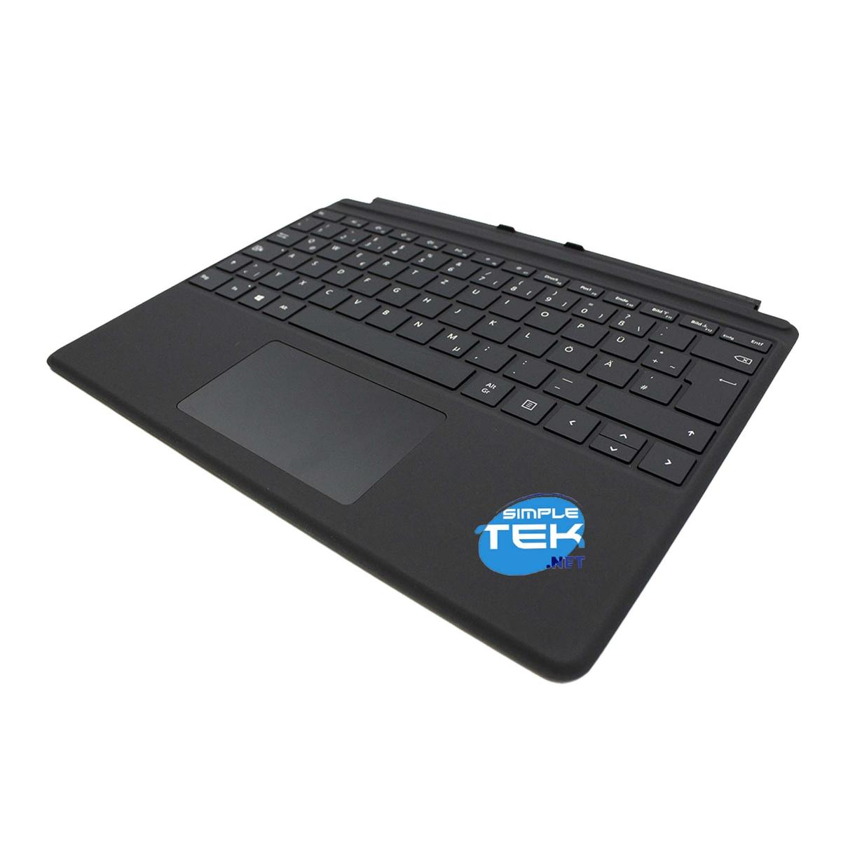 Eine schwarze Tastatur mit Touchpad liegt auf weißem Untergrund. Die Tastatur hat Tasten und ein Logo mit der Aufschrift 'SIMPLE TEK.NET'.