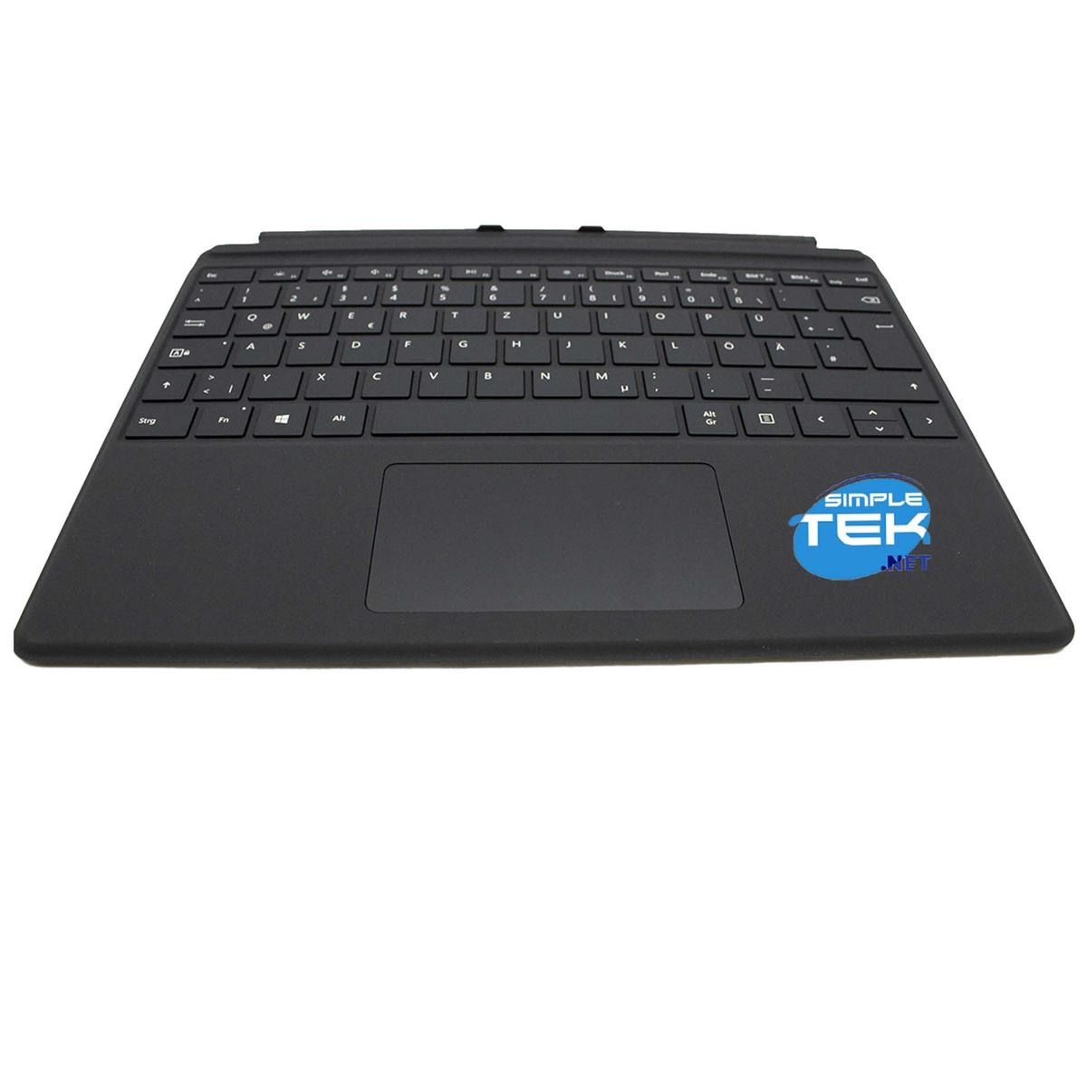 Schwarze Tastatur mit weißen Buchstaben und einem Touchpad. Auf der unteren rechten Seite befindet sich ein Simple Tek-Aufkleber. Der Hintergrund ist weiß.