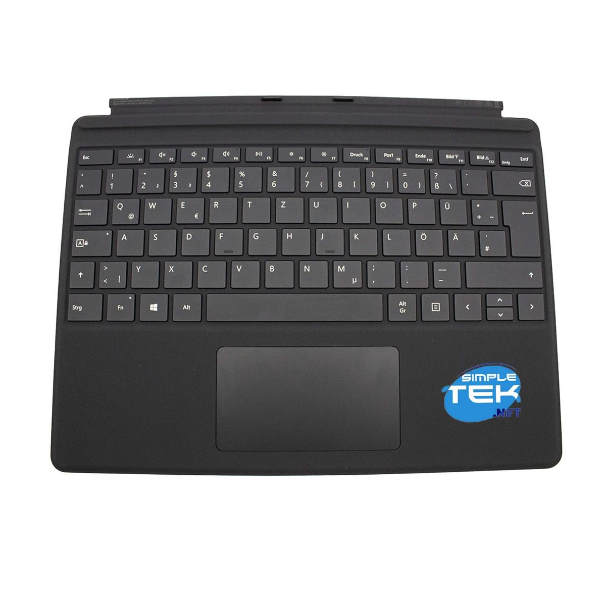 Schwarze Tastatur mit Touchpad und beschrifteten Tasten. Enthält Funktionstasten und das Simple Tek Logo.