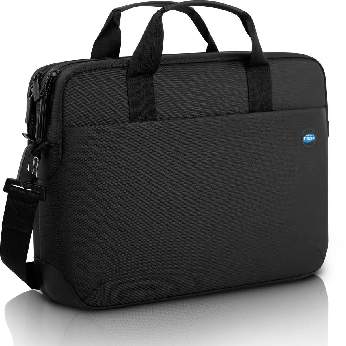 Una bolsa negra para portátil con asa y correa para el hombro. La bolsa tiene cremallera y un logotipo en la parte delantera.