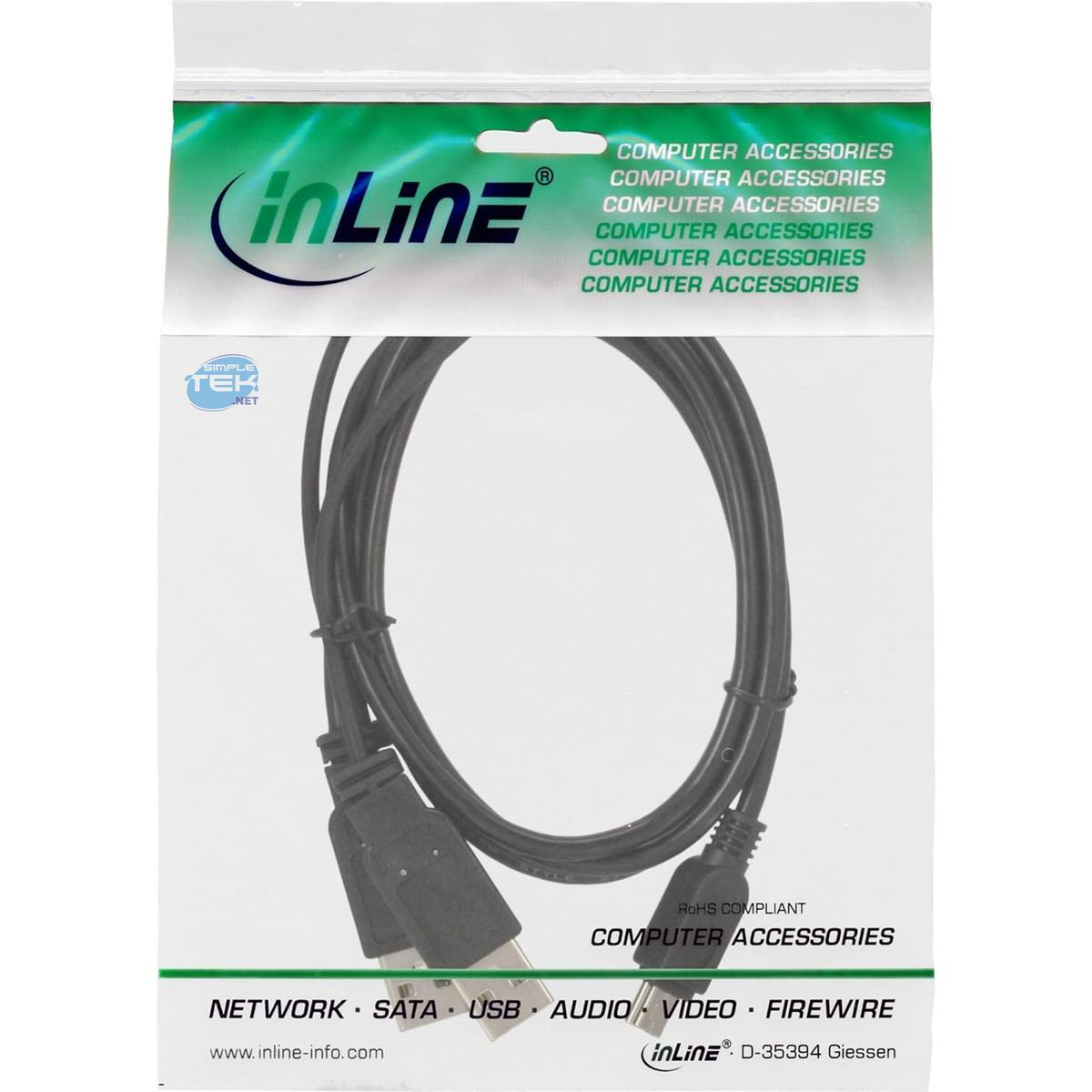 Un cavo USB nella confezione. La confezione ha un design verde e bianco con il logo "inLine" e testo. Il cavo è nero.