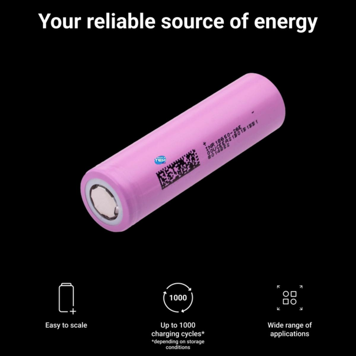 Różowa bateria na czarnym tle. Tekst: 'Twoje niezawodne źródło energii'. Cechy: łatwe do skalowania i 1000 cykli ładowania.