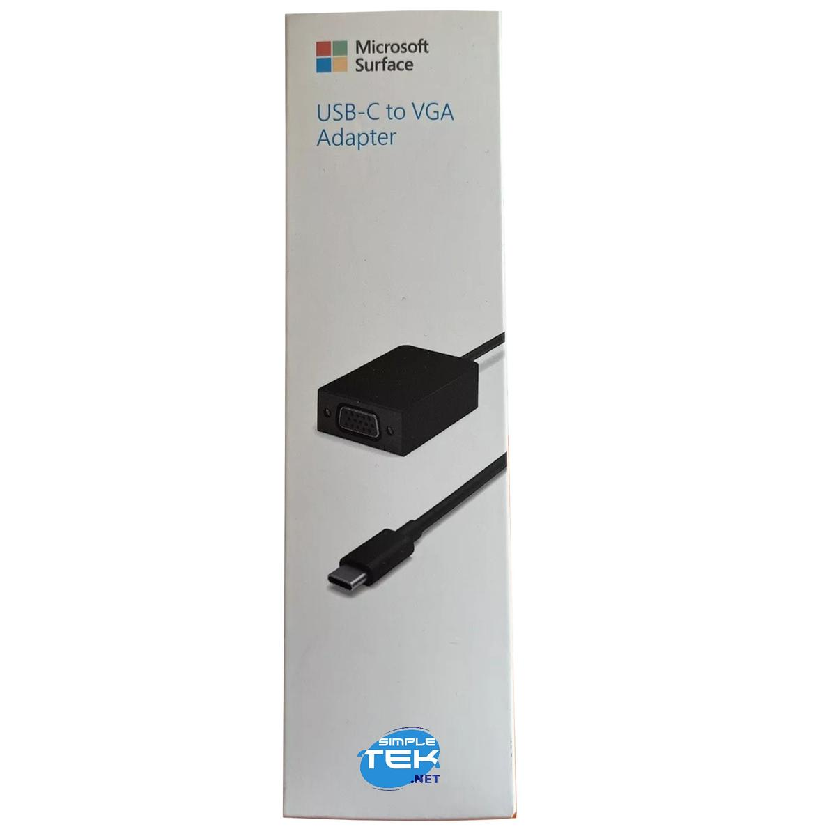 Scatola dell'adattatore Microsoft Surface da USB-C a VGA. Adattatore nero con porta VGA su sfondo bianco, logo Simple Tek.