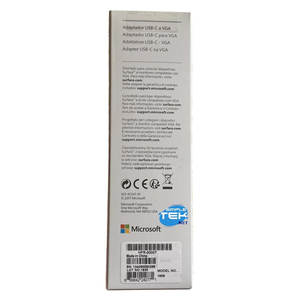 Scatola bianca con testo in più lingue, logo Microsoft e informazioni sul prodotto. Adattatore USB-C a VGA scritto.