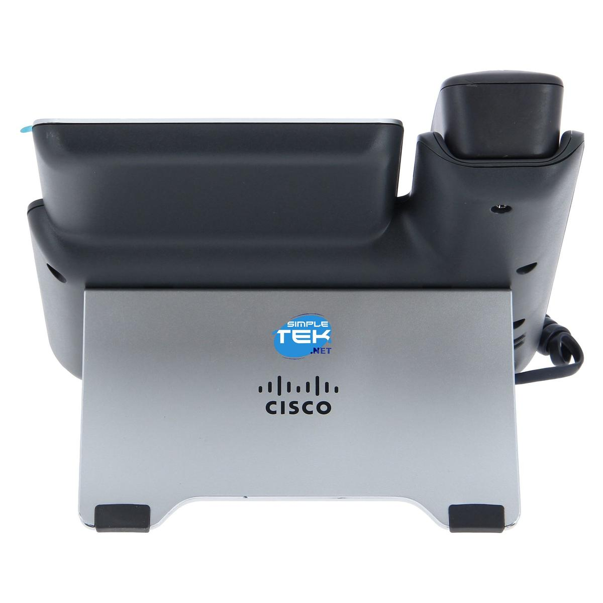 Szary telefon Cisco. Ma czarną słuchawkę i podstawę. Widoczne jest logo Simple Tek .net.