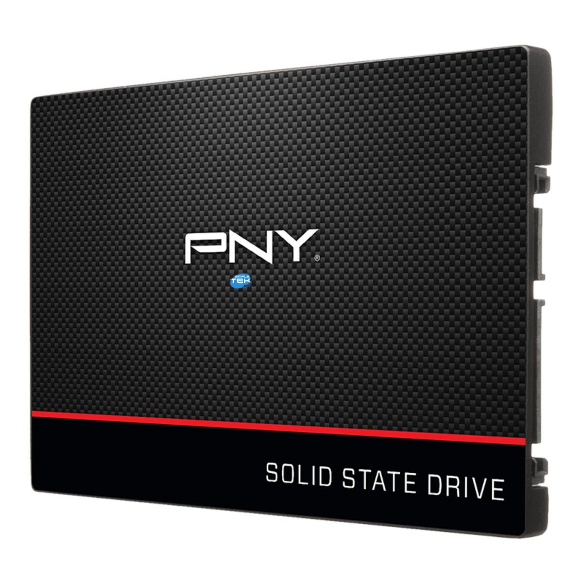 SSD PNY nero. Presenta il logo PNY e la scritta 'SOLID STATE DRIVE'. Striscia rossa in basso.