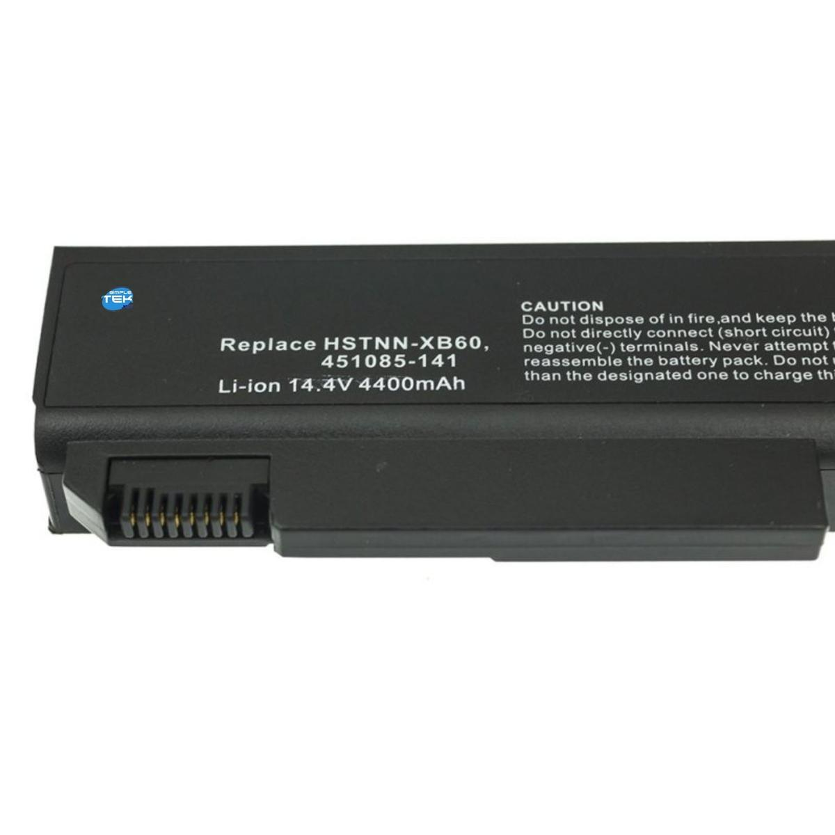 Batteria nera per laptop con testo: Replace HSTNN-XB60, Li-ion 14.4V 4400mAh, e un avviso di attenzione.