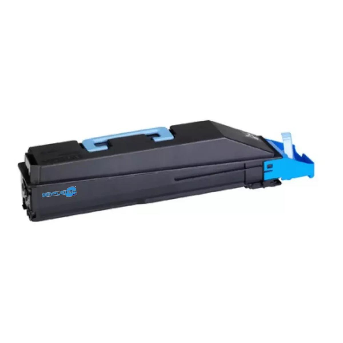 Una cartuccia toner nera con dettagli blu. Ha una maniglia e una parte in plastica blu su un'estremità. Il marchio è visibile.