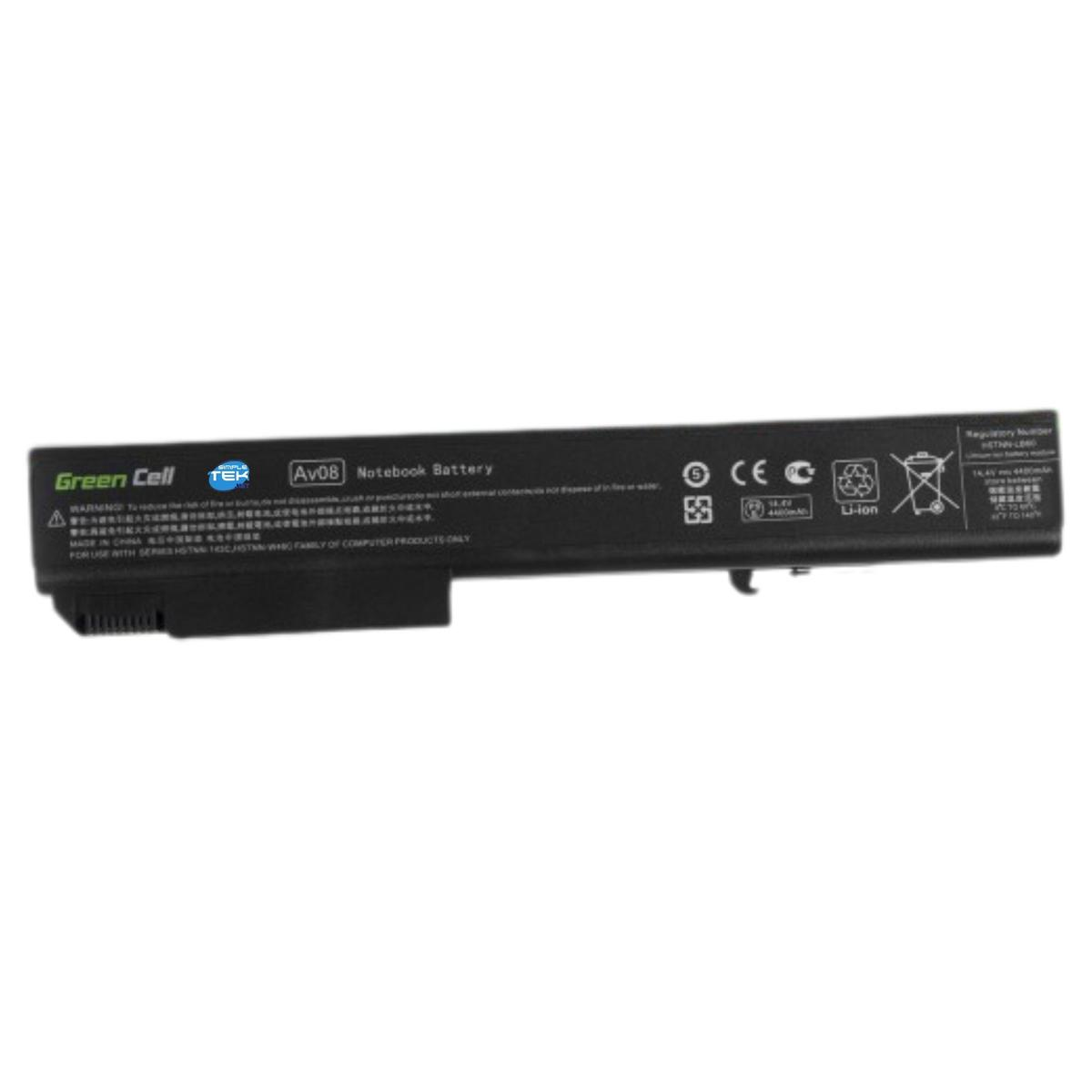 Batteria nera per laptop con etichette tra cui "Green Cell", "Av08 Notebook Battery" e vari simboli di sicurezza.