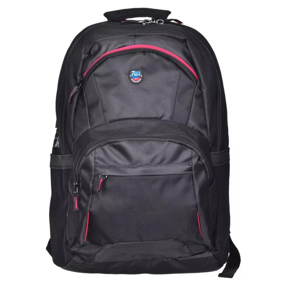 Black backpack with red accents. Features multiple compartments and a top handle. The logo reads: Port Designs TEK.