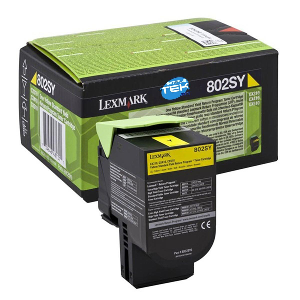 Una scatola di cartucce toner Lexmark 802SY con una cartuccia gialla. La scatola è verde e nera, la cartuccia nera e gialla.