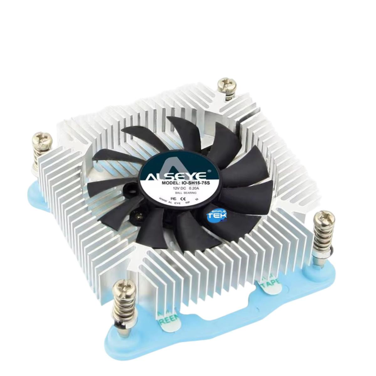 A computer fan with black blades and a silver heatsink. It has blue plastic supports and screws. The brand is ALSEYE.