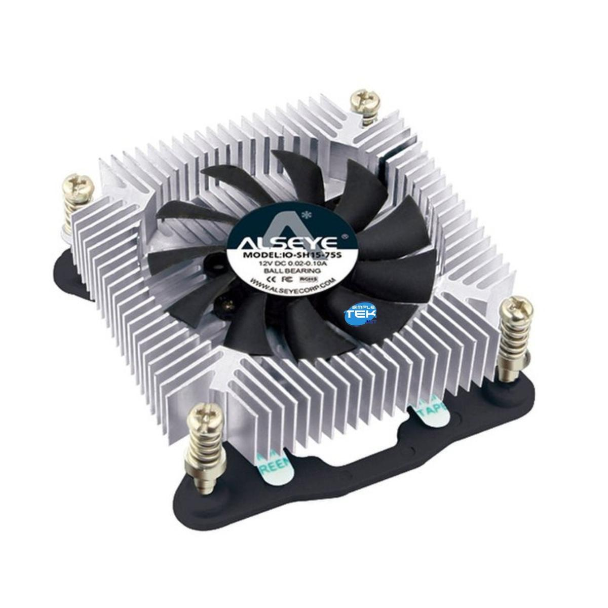 A silver and black CPU cooler with a fan in the center. The fan has black blades. The cooler has fins and screws.