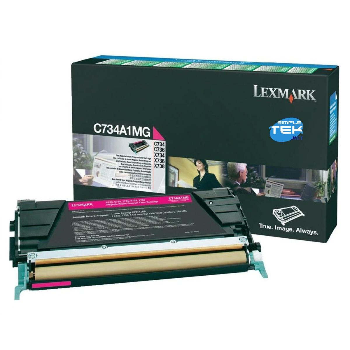 Eine Lexmark-Tonerpatronenbox und die Patrone. Die Box ist schwarz mit Produktinformationen. Die Patrone ist schwarz und rosa, mit der Marke Lexmark.